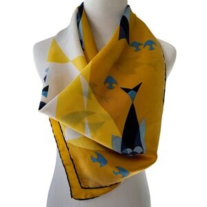 Vibrant Fish Pattern Silk Scarf Yellow Blue Geometric Design Made in Italy